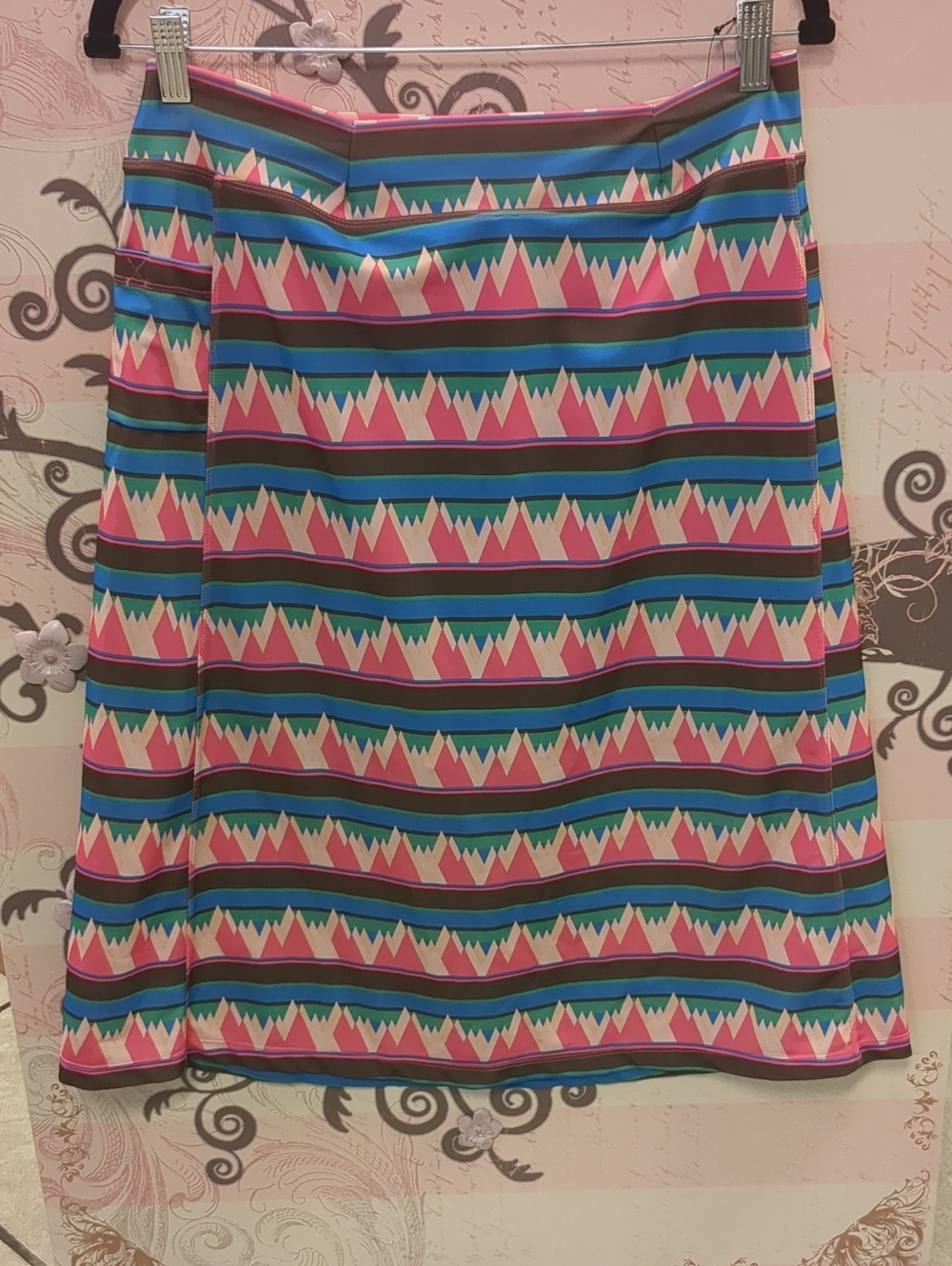 A-Line Skirt in Pink, Teal & Blue Geometric Stripe Swim Skirt